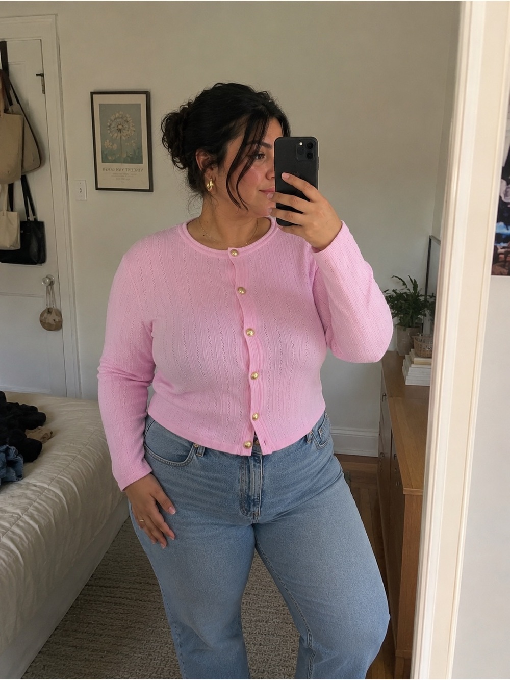 Zara Pink Rib Knit Cardigan XL Gold Button